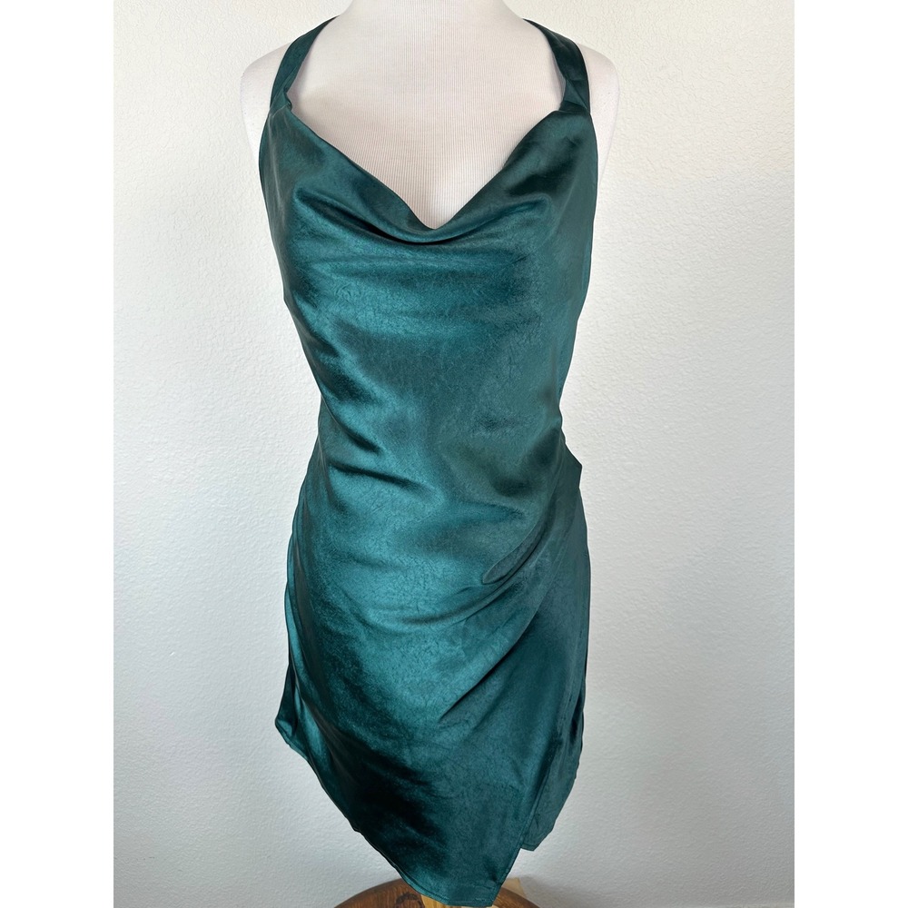 Selfie Leslie Emerald Satin Halter Mini Dress Cowl Neck Open Back M